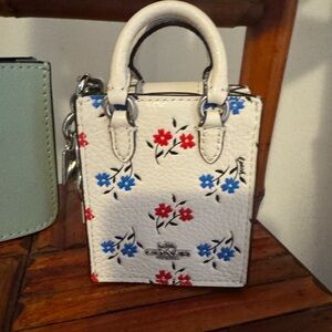 Coach White Mini Floral Tote bag Charm with Red & Blue Flowers
